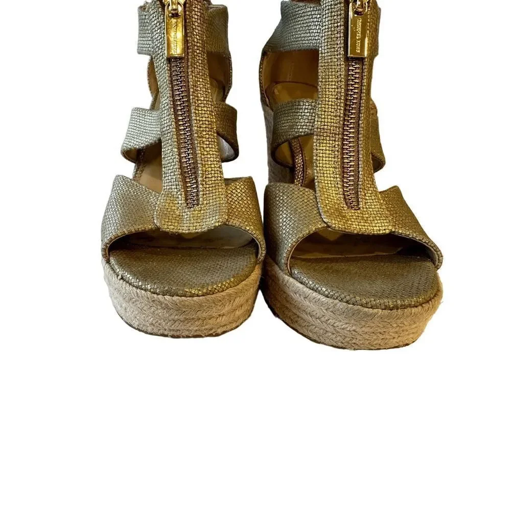 MICHAEL MICHAEL KORS Women's Damita Canvas Espadrille Wedge Gold Size 7.5